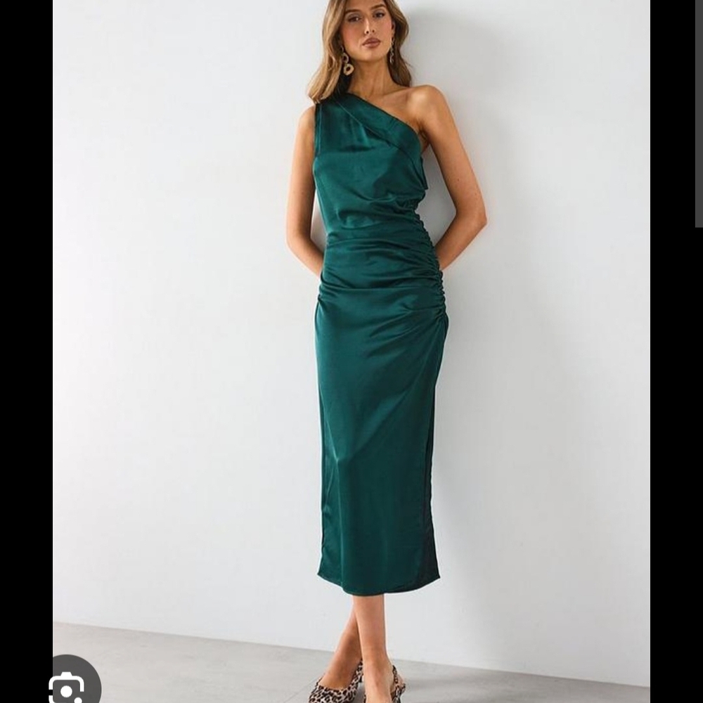 Mango Green Asymmetrical Ruched Sheath Dress